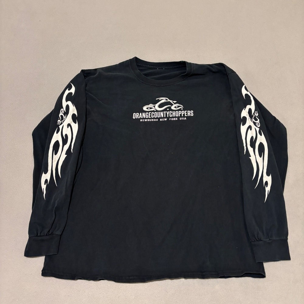 Orange County Choppers T Shirt Mens Large Black Long Flame Sleeves Skull Graphic